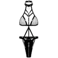Miniatyrbillede 4 af 5: Dame Blonde Læder Kostume Halterneck Rygløs Top Bodysuit