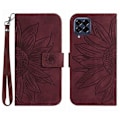 Miniatyrbild 1 av 5: Kompatibelt för Samsung Galaxy M53 5G HT04 Skin-touch PU Läder Mobiltelefon Skydd Skal med Tryckt Solros Ställ Plånboksfodral WineRed