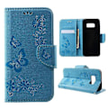 Miniatyrbild 1 av 5: Präglat Fjärilsblommor Plånbok Läder Mobilskal Kompatibelt För Samsung Galaxy S8 Blue
