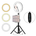 Pikkukuva 1 / 3: 26 cm / 10 tuuman LED-rengasvalo, 3 väriä, 10 himmennystasoa, 3200-5600 K värilämpötila, jalustat, puhelin- ja tablettipidikkeet suoratoistoon, meikkiin P
