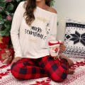 Miniatyrbild 2 av 4: Kvinnors print Set Jul långärmade toppar Rutiga byxor Pyjamas Hemkläder White 2XL