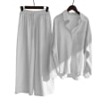 Miniatyrbild 1 av 2: Kvinnor långärmad skjorta kostym Casual blus + elastisk midja Byxor med vida ben Byxor Outfit Set White XL