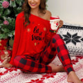 Pikkukuva 2 / 5: Naisten jouluinen print set Jouluiset pitkähihaiset topit Ruudulliset housut Pyjamat Kotivaatteet Red 2XL