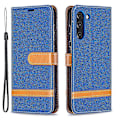 Miniatyrbillede 1 af 5: Splejsning Jeans Stof Overflade Læder Telefon Cover Wallet Stand Case Kompatibel Med Samsung Galaxy S21 FE/S21 Lite DarkBlue