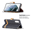 Miniatyrbillede 4 af 5: Splejsning Jeans Stof Overflade Læder Telefon Cover Wallet Stand Case Kompatibel Med Samsung Galaxy S21 FE/S21 Lite Black