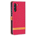 Miniatyrbillede 3 af 5: Splejsning Jeans Stof Overflade Læder Telefon Cover Wallet Stand Case Kompatibel Med Samsung Galaxy S21 FE/S21 Lite Red