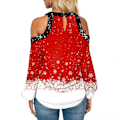 Pikkukuva 2 / 3: Naisten joulu Lumihiutale Print T-paita Joulu pitkähihainen Cold Shoulder Paidat Pusero Casual Löysä Topit Plus Size Red L
