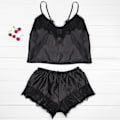 Miniatyrbild 2 av 3: Kvinnor Sexig Satin Silke Spetsväst Shorts Pyjamas Set Sovkläder Nattkläder Black M