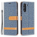 Miniatyrbillede 1 af 5: Splejsning Jeans Stof Overflade Læder Telefon Cover Wallet Stand Case Kompatibel Med Samsung Galaxy S21 FE/S21 Lite OceanBlue