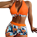 Miniatyrbild 1 av 4: Dambikini med Halterneck Push Up BH, Baddräkt med Shorts, Tvådelad Baddräkt, Sommarstrandkläder, Badkläder Orange L