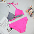 Miniatyrbillede 2 af 5: Dame Farveblok Bikini Sæt Polstret Push Up Badetøj Halter Hals Badetøj Light Grey Rose Red M
