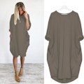 Miniatyrbillede 1 af 2: Afslappet løs lomme langærmet plus size kjole til kvinder Khaki 4XL