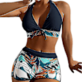 Miniatyrbild 1 av 4: Dambikini med Halterneck Push Up BH, Baddräkt med Shorts, Tvådelad Baddräkt, Sommarstrandkläder, Badkläder Black M