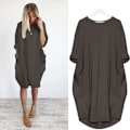 Miniatyrbillede 1 af 2: Afslappet løs lomme langærmet plus size kjole til kvinder Brown 4XL