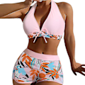 Miniatyrbild 1 av 4: Dambikini med Halterneck Push Up BH, Baddräkt med Shorts, Tvådelad Baddräkt, Sommarstrandkläder, Badkläder Light Pink XL