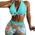 Miniatyrbild 1 av 4: Dambikini med Halterneck Push Up BH, Baddräkt med Shorts, Tvådelad Baddräkt, Sommarstrandkläder, Badkläder Dark Green 2XL