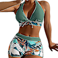 Miniatyrbild 1 av 4: Dambikini med Halterneck Push Up BH, Baddräkt med Shorts, Tvådelad Baddräkt, Sommarstrandkläder, Badkläder Dark Green M