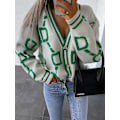 Miniatyrbillede 1 af 5: 2023 Efterår Vinter Strikket Cardigan Mode Kvinder Langærmet Løs V-hals Sweater Tyk Varm Kvindelig Grøn Casual Print Cardigan Beige M