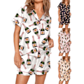 Miniatyrbild 2 av 2: Champagneflaskor Pyjamas Set Dam Tryckt Kortärmad Mjuk Lös Casual Sovkläder White M