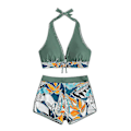 Miniatyrbild 2 av 4: Dambikini med Halterneck Push Up BH, Baddräkt med Shorts, Tvådelad Baddräkt, Sommarstrandkläder, Badkläder Dark Green M