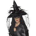 Miniatyrbillede 1 af 5: Heks Hat, Fjer & Netting, Sort Deluxe, Halloween Kostume Tilbehør, Heks Udklædningshatte-Sort