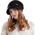 Miniatyrbillede 5 af 5: Damer Slouchy Strikket Hat Vinter Varmt Fleeceforet Beanie Hat Strækbar Skull Cap med Visir Brim, Sort