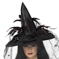 Miniatyrbillede 2 af 5: Heks Hat, Fjer & Netting, Sort Deluxe, Halloween Kostume Tilbehør, Heks Udklædningshatte-Sort