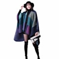 Miniatyrbillede 1 af 5: Dame Poncho Cape Oversized Vinter XXL Dame Tørklæde Lang Høj Kvalitet Reversible Cape Poncho Patchwork Design Tæppe Stof Tørklæde Sjal Cape