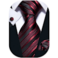 Miniatyrbilde 1 av 5: Stripe Men Ties Set Classic WOVEN Necktie with Handkerchief Cufflinks Formal-Black Red