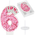 Pikkukuva 1 / 5: Syntymäpäivän numerokynttilät, vaaleanpunaiset kruunun syntymäpäiväkynttilät kakkuun, glitter numeron 6 kynttiläkakun päällinen paljeteilla (vaaleanpunainen 6)
