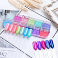 Miniatyrbild 4 av 5: 12 rutnät nagelglitterpulver, 3D gnistrande nagelkonst färgglad glänsande glitter sjöjungfru spegeleffekt pärlpuder regnbåge neon nagelpulver regnbågsglitter