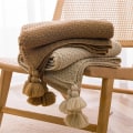 Miniatyrbilde 2 av 2: Grovt strikket teppe til sofa, seng, lett rustikt dekorativt koselig teppe til gårdshus for kvinner og menn camel