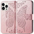 Miniatyrbild 1 av 6: iPhone 14 Pro Max Plånboksfodral PU-Läder 4-FACK Motiv Fjäril Rosa guld