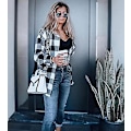 Miniatyrbilde 2 av 5: Rutete langermet skjorte dame Button Down ullblanding tynn jakke Casual blusetopper med lomme Black and White Black and White M