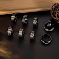 Miniatyrbillede 3 af 7: 9-delt sæt 8mm titanium stål herre- og damekædering enkel børstet bryllups- og forlovelsesringsæt sort 9-delt sæt nr. 7 No.7