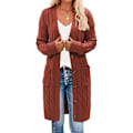 Miniatyrbilde 4 av 5: Dame Langærmet Kabelstrikket Lang Cardigan Åpen Frontgenser med Knapper Yttertøy Khaki Khaki 3XL