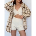 Miniatyrbilde 2 av 5: Rutete langermet skjorte dame Button Down ullblanding tynn jakke Casual blusetopper med lomme Coffee Coffee L