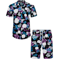 Pikkukuva 1 / 4: Miesten Havaiji-paita ja shortsit, normaali istuvuus, lyhythihainen, rento, funky ranta flamingo-paitasetti M M Black Leaf
