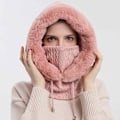 Miniatyrbillede 2 af 4: Vinterhue til kvinder, varm hætte-halstørklæde-hue til kvinder, fleecehue med snøre, balaclava strikket kraniehue