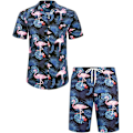 Pikkukuva 1 / 5: Miesten Havaiji-paita ja shortsit setti Regular Fit lyhythihainen rento funky ranta flamingo paita setti S S Blue Flamingo Leaf