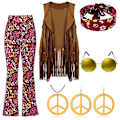 Miniatyrbillede 1 af 4: 70'er Hippiefest Retro Kostume Kvast Vest+Bukser+Sjal Kostume Newway Vinrød Wine red Wine red XXL