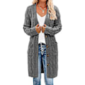 Miniatyrbilde 1 av 5: Dame Langærmet Kabelstrikket Lang Cardigan Åpen Frontgenser med Knapper Yttertøy Grå grey 2XL