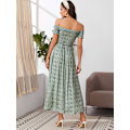 Miniatyrbillede 2 af 5: Kvinde Bohemian Blomster Print Off Shoulder Slidset Lang A-Linje Kjole，XL