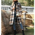 Miniatyrbillede 3 af 5: Kvinders Casual Lapel Knap Ned Langærmet Flannel Ternet Shacket Lang Shi