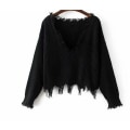 Miniatyrbillede 1 af 5: Kvinde løs langærmet V-hals Ripped Pullover Strik Sweater Crop Top sort