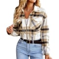 Miniatyrbillede 1 af 5: Dame Langærmet Flannel Ternet Crop Shacket Jakker Zip Up Lapel Lommer