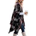 Miniatyrbild 1 av 5: Boho poncho med öppen framsida, oversize stickad rutig sjal, wrap, kofta