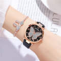 Miniatyrbillede 2 af 3: Kvindeurs Butterfly Dial Quartz Ur, Dame Casual Bælte Ur, Sort