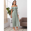 Miniatyrbillede 5 af 5: Kvinde Bohemian Blomster Print Off Shoulder Slidset Lang A-Linje Kjole，XL