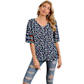 Miniatyrbild 4 av 5: Kvinnors V-ringad chiffongblus Mesh Panel Blus 3/4 Bell Sleeve Lös Topp S
